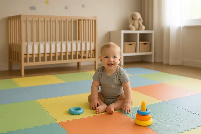 Bebê brincando em berçário moderno com piso vinílico Baby Piso colorido e acolchoado, ambiente iluminado e seguro instalado pela R. Neto Decorações.”
