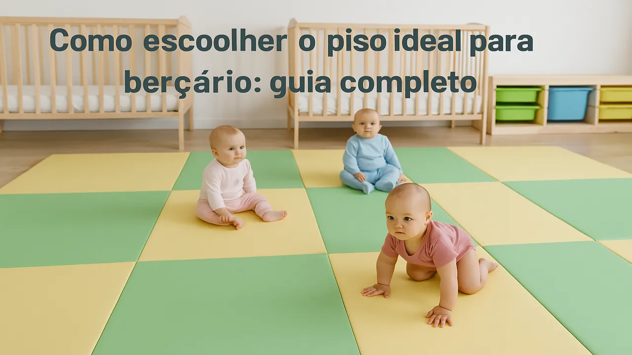 Três bebês brincando em berçário iluminado com piso vinílico acolchoado nas cores verde e amarelo, ambiente seguro e moderno instalado pela R. Neto Decorações.”